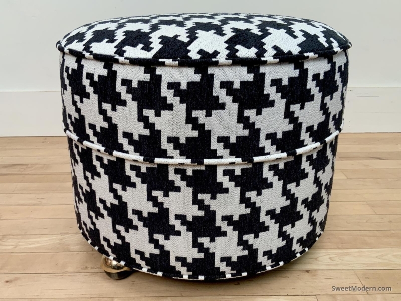 Footstool in Black and White Houndstooth Pattern with Brass Casters