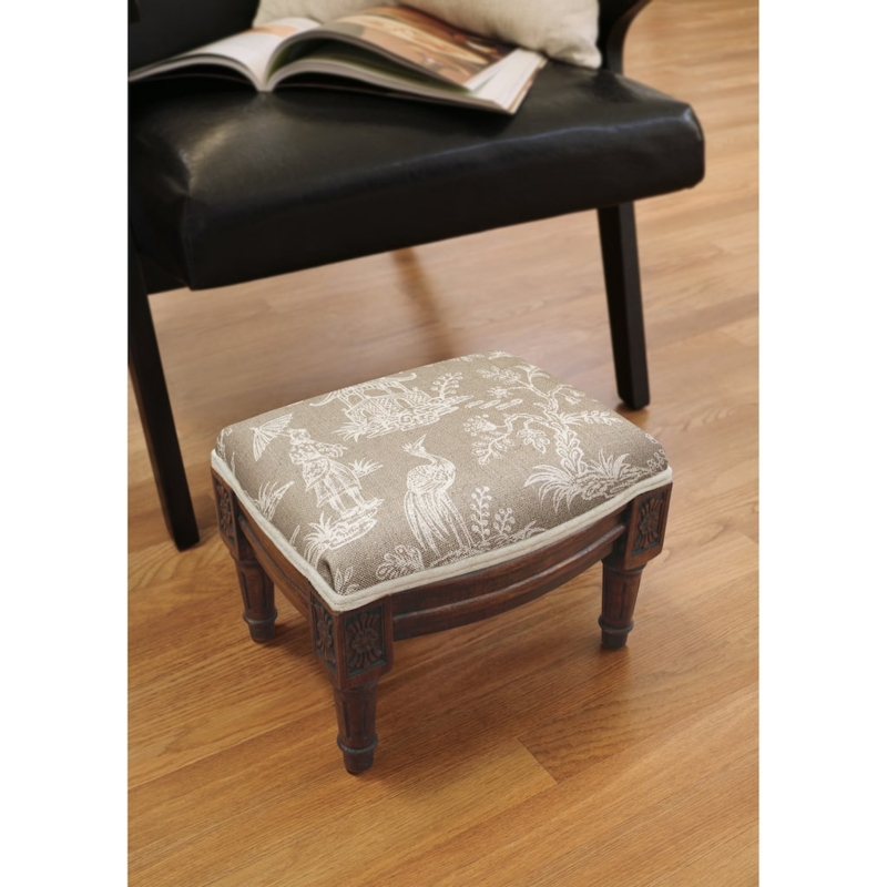 Footstool Taupe Chinoiserie Pattern Carved Wood Legs Traditional