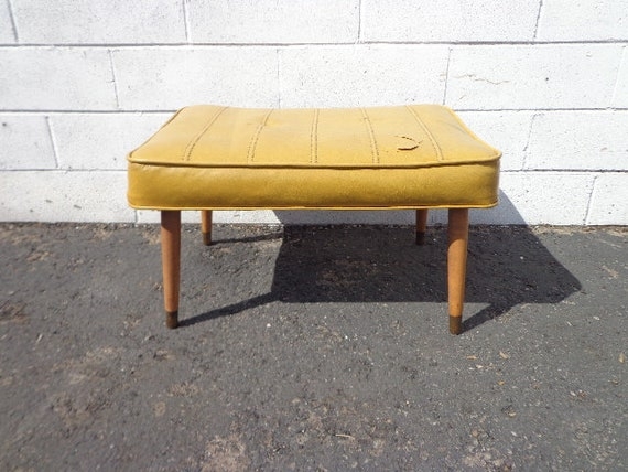 Footstool with Tapered Legs and Black Leather-Like Upholstery
