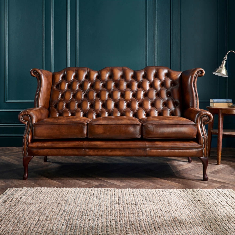 Forest Green Chesterfield Sofa Leather Like Rolled Arms Classic English
