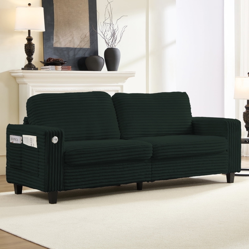 Forest Green Corduroy Loveseat with Side Storage Pockets and USB