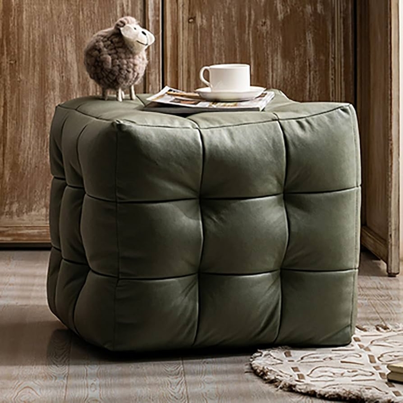 Forest Green Leather-Like Cube Ottoman with Short Legs Minimalist