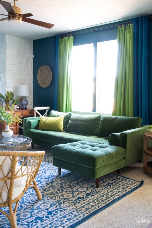 Forest Green Sectional L-Shaped Velvet Tapered Legs Boho Chic