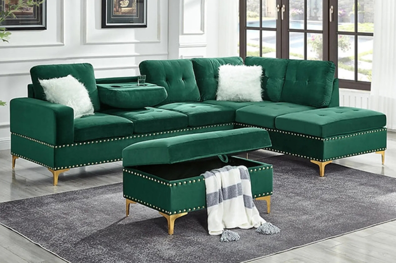 Forest Green Sectional Layout Tufted Back Storage Ottoman Tapered