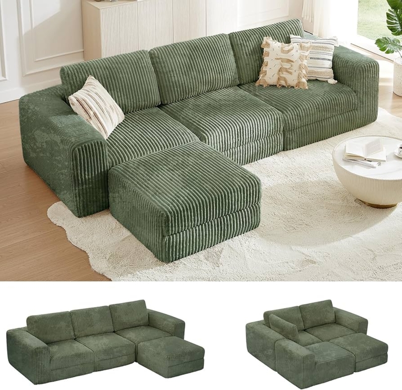 Forest Green Sectional Sofa, Corduroy Upholstery, Cloud Style Seating.