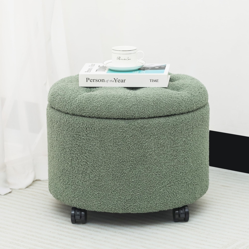 Forest Green Velvet Storage Ottoman with Rolling Casters, Gold Base