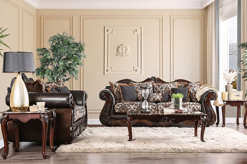 Formal Carved Wood Sofa Set with Fringe Accents