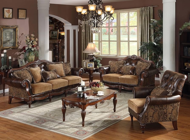 Formal Living Room Set: Tan Chenille Upholstery with Ornate Carvings (74 chars)