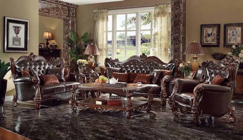 Formal Sofa Set Intricate Wood Carvings & Rococo Style Silhouette