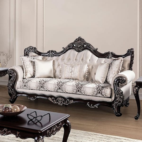 Formal Sofa with Dark Cherry Finish and Wood Trim Details (62 chars)