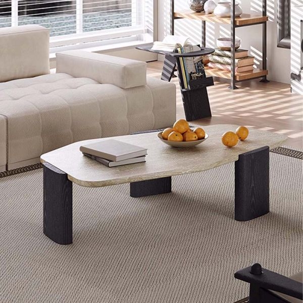 Freeform Coffee Table, Dark Wood Grain Finish, Three Chunky Legs Design