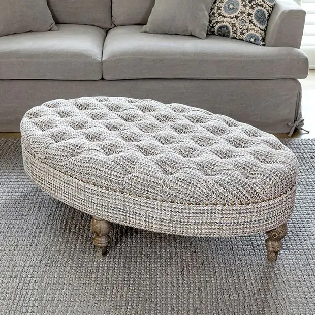 French Country Oval Ottoman Distressed Wood Cabriole Legs
