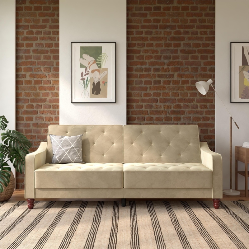 Futon Emerald Velvet Piped Edges Diamond Tufting Tapered Legs