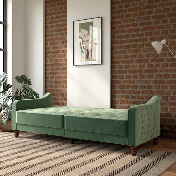 Futon Forest Green Velvet Bolster Pillows Diamond Tufting Retro