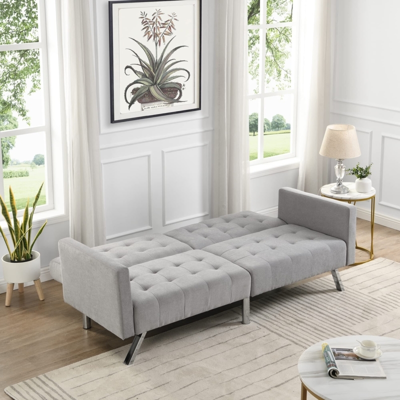 Futon Light Grey Upholstery Polished Chrome Legs Split Back