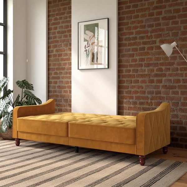 Futon Mustard Yellow Velvet Diamond Tufted Tapered Legs Vintage