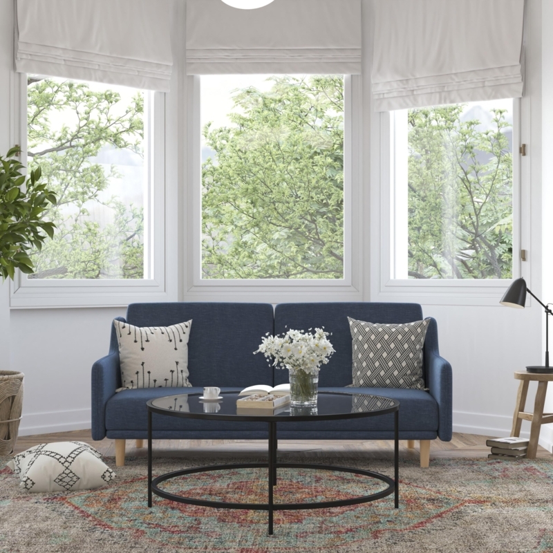 Futon Navy Blue Tufted Seat Curved Armrests Mid Century Modern