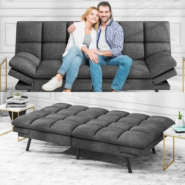 Futon Sofa Bed Charcoal Gray Leather-Like Square Tufting Chrome Legs