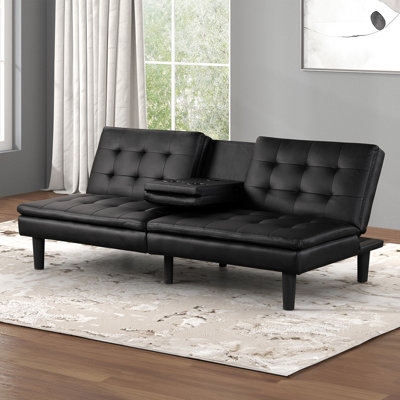 Futon Sofa Black Armless Biscuit Tufted with Drop Down Table