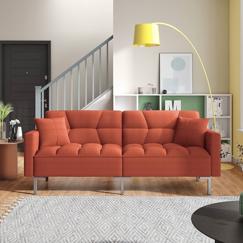Futon Sofa Burnt Orange Vertical Channel Tufting Bolster Pillows