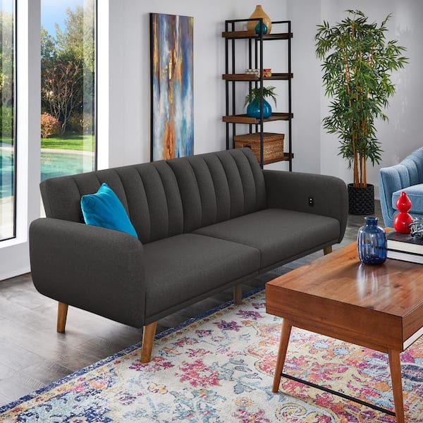 Futon Sofa Dark Gray Square Arms USB Charging Ports Modern