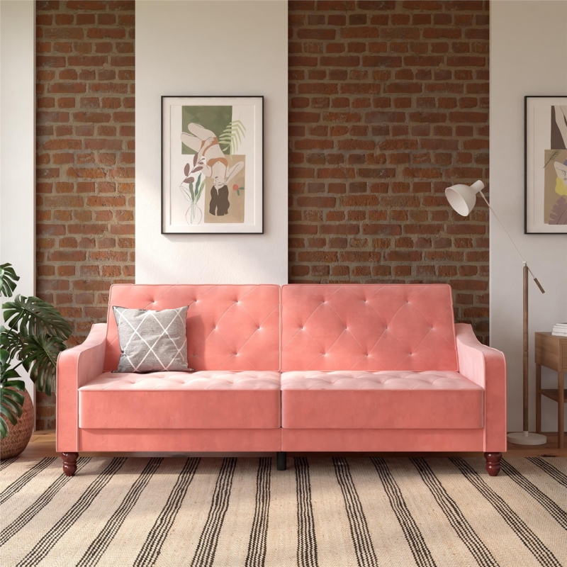 Futon Sofa Emerald Green Velvet Diamond Tufted Track Arms Chic
