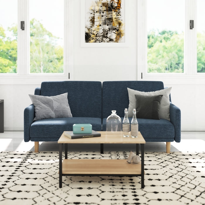 Futon Sofa Navy Blue Curved Profile Removable Arms Wood Legs