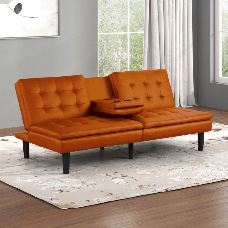 Futon Sofa Orange Biscuit Tufted with Drop Down Cup Holders
