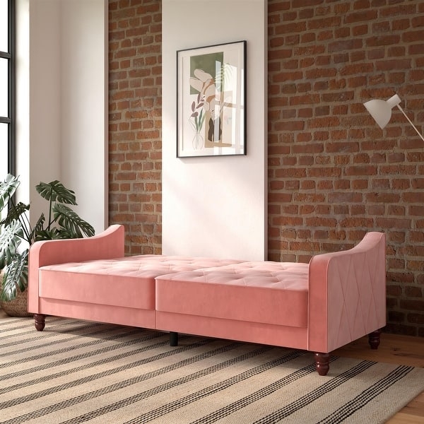 Futon Teal Diamond Tufted Upholstery Tapered Wood Legs Vintage