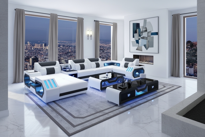 Futuristic Smart Sectional with LED Lights and Built-In Tech Consoles