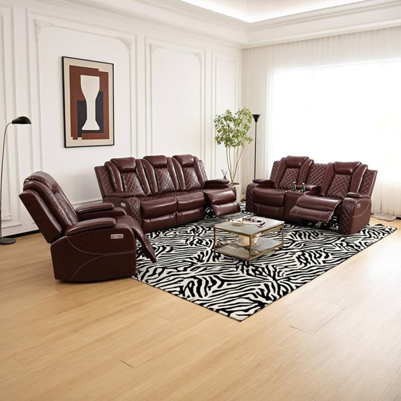 Garnet Leather Power Recliner Set LED Lighting Quilted Stitching