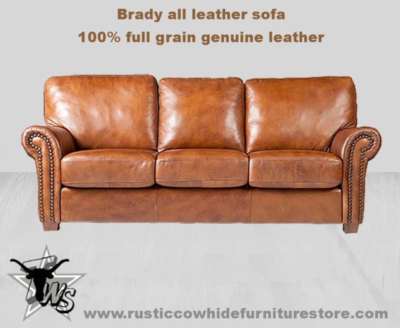 Genuine Leather Sofa, Rolled Arms, Nailhead Trim, Rustic Lodge Style