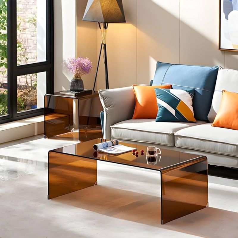 Geometric Brown Glass Coffee Table on Sled Base