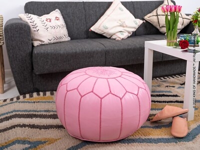 Geometric Embroidered Leather Pouf with Artisanal Texture