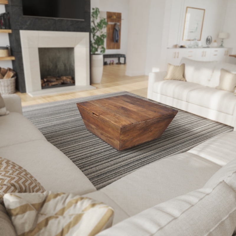 Geometric Wood Coffee Table Storage Faceted Sides Walnut Single Drawer