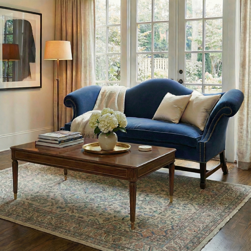 Georgian Style Navy Blue Couch Camelback Marlborough Legs Rolled Arms
