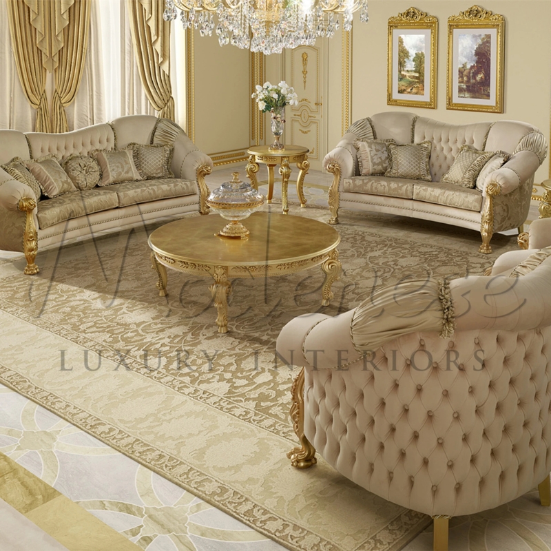 Gilded Sofa with Champagne Tufted Fabric Ornate Baroque Styling