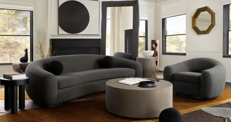 Glam Curved Sofa Charcoal Boucle Textured Fabric