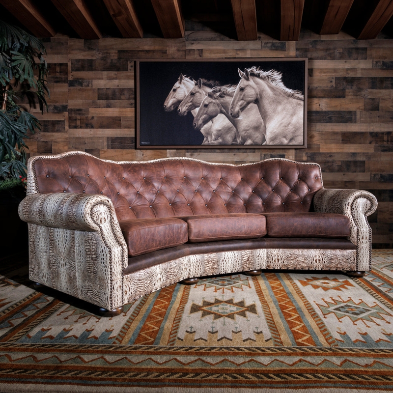 Glam Curved Sofa with Crocodile Embossed Texture and Bench Seat Ivory