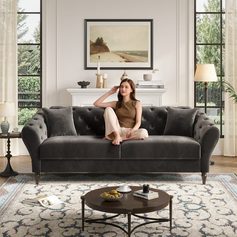 Glam Dark Gray Velvet Tuxedo Sofa with Button Tufting and Gold Legs