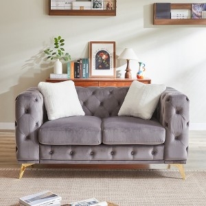 Glam Emerald Velvet Loveseat with Chesterfield Tufting & Gold Legs