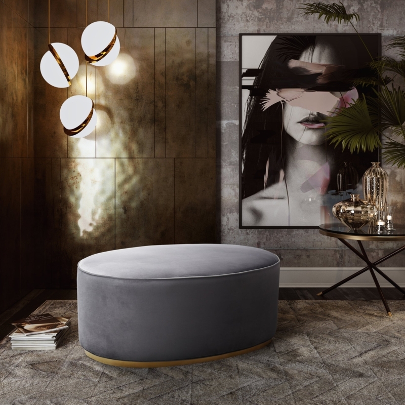 Glam Grey Velvet Oval Ottoman Channel Tufted Plinth Base