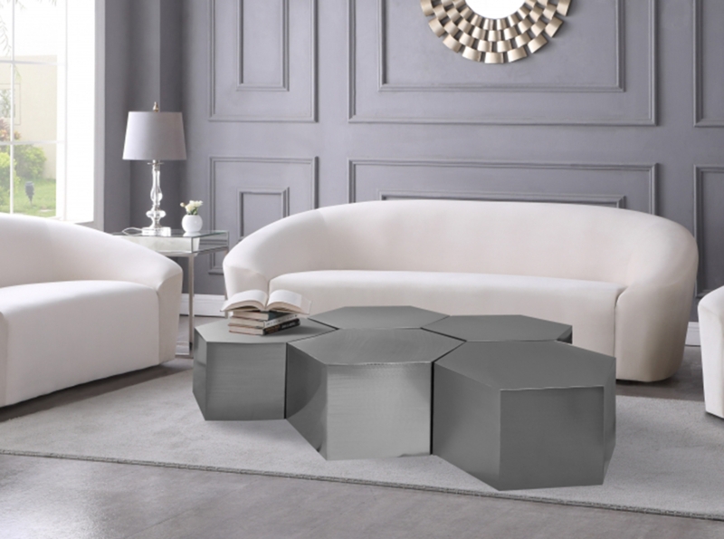 Glam Hexagonal Coffee Table, Brushed Gold Geometric Open Frame with Marble Top