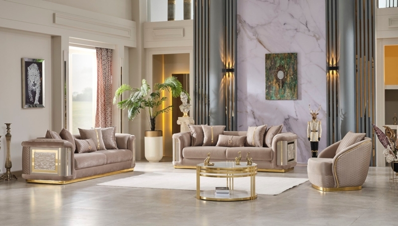 Glam Living Room Set Channel Tufted Cream Polished Gold Legs