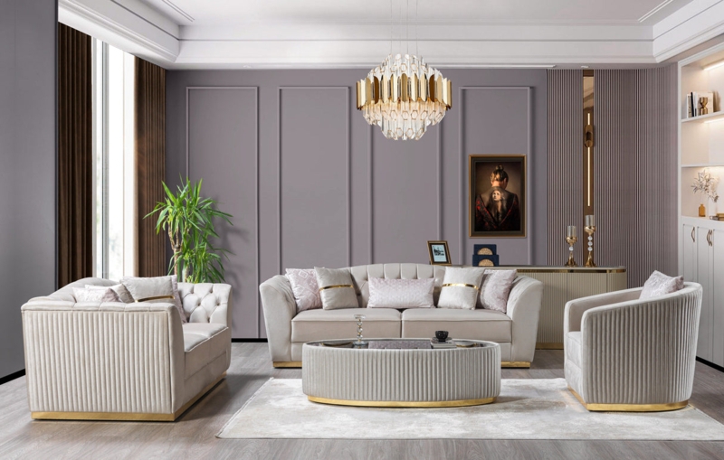 Glam Living Room Set with Tuxedo Arms and Bolster Pillows Velvet