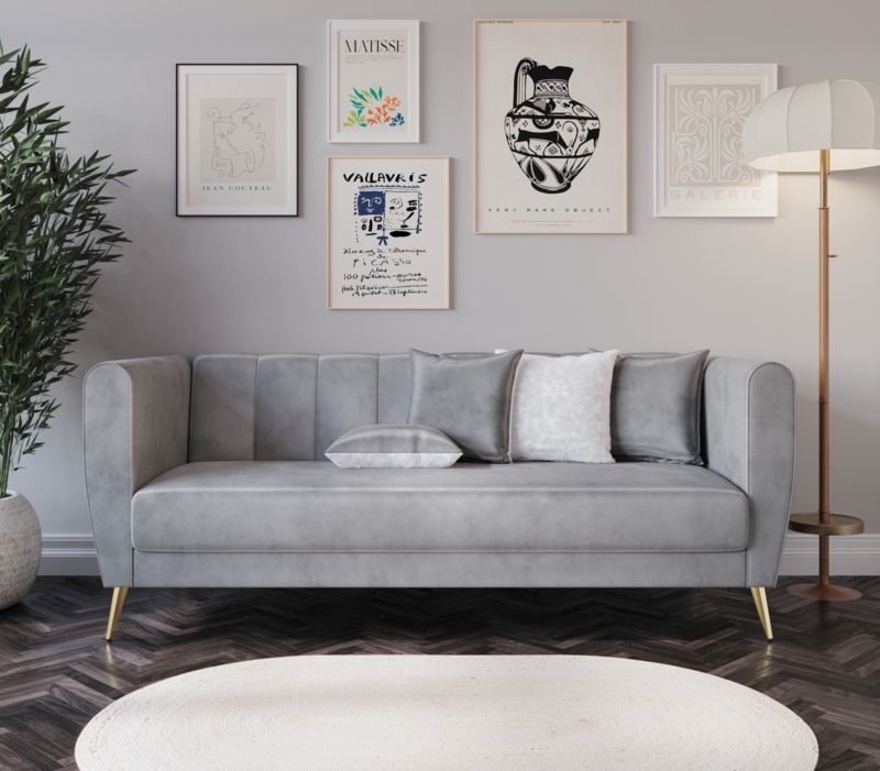 Glam Silver Gray Velvet Sofa with Vertical Channel Tufting & Gold Legs
