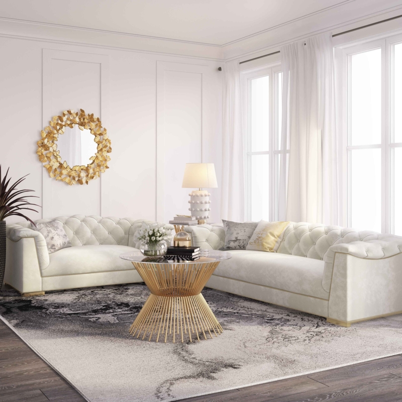 Glam Silver Grey Velvet Sofa with Polished Gold Metal Base