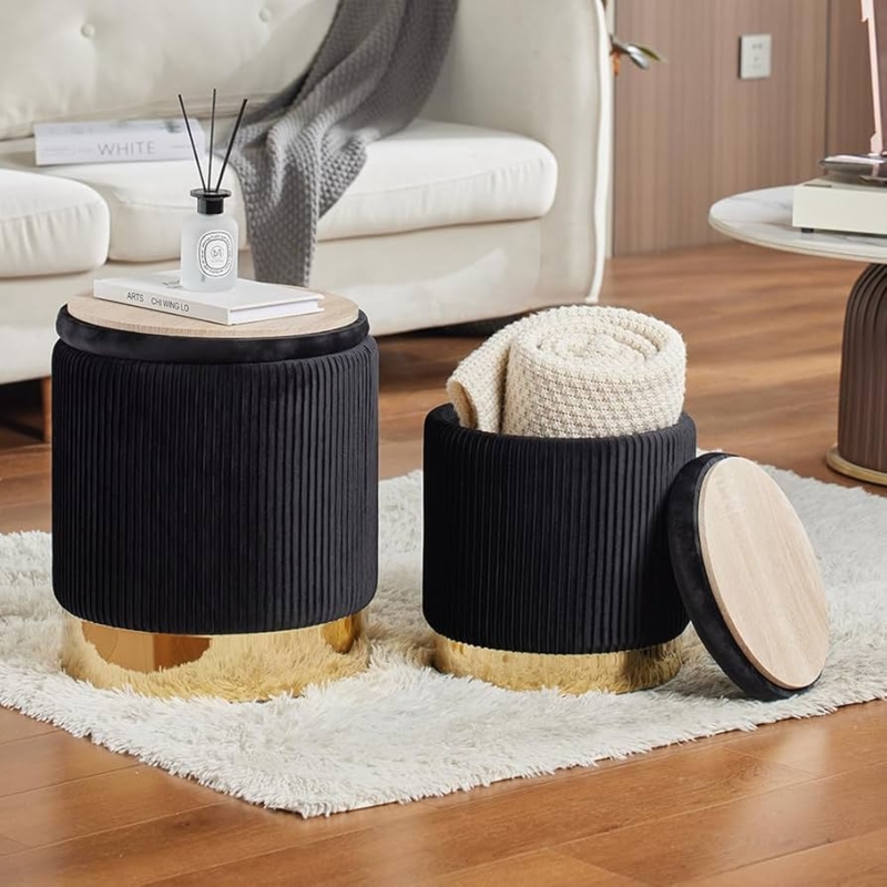 Glam Storage Ottoman Set Velvet Polished Gold Base