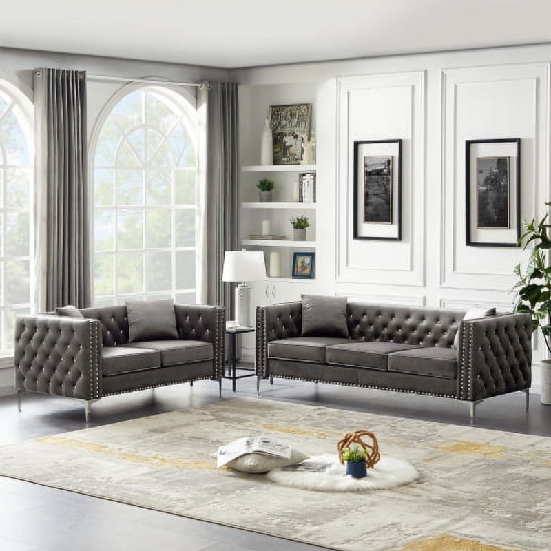 Glam Velvet Living Room Set with Jeweled Buttons