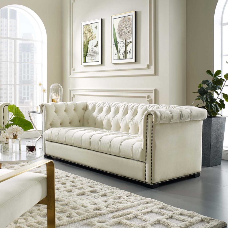 Glam Velvet Sofa featuring Vertical Channel Tufting and Gold Legs
